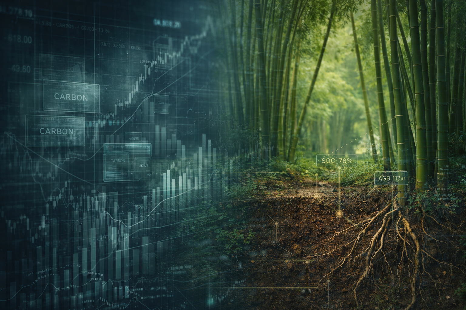 Ilustración conceptual del mercado de carbono: a la izquierda gráficos financieros y precios del CO₂; a la derecha una plantación de bambú agroforestal en Centroamérica, representando remociones reales de carbono.